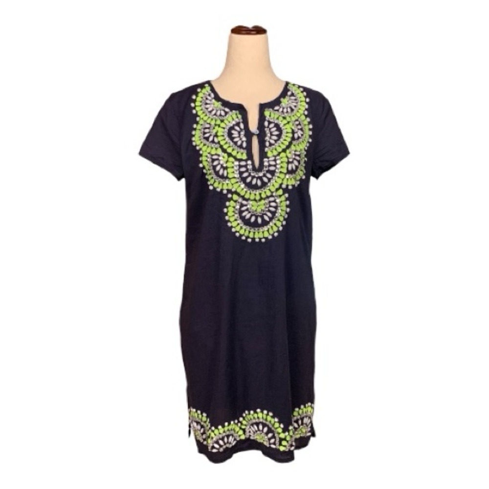 Miami Navy Blue Tunic Dress Boho Lime Green White Embellishments Size Medium‎